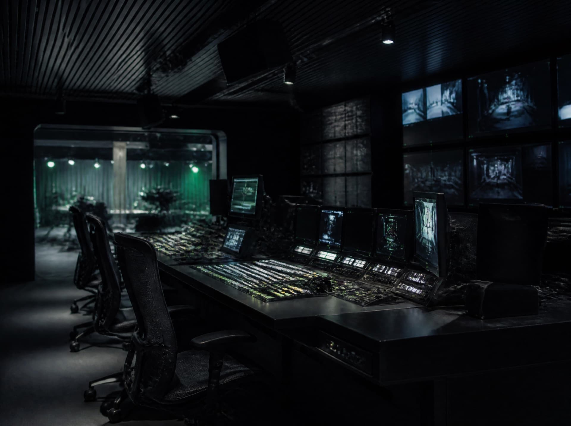 Broadcast control room at night